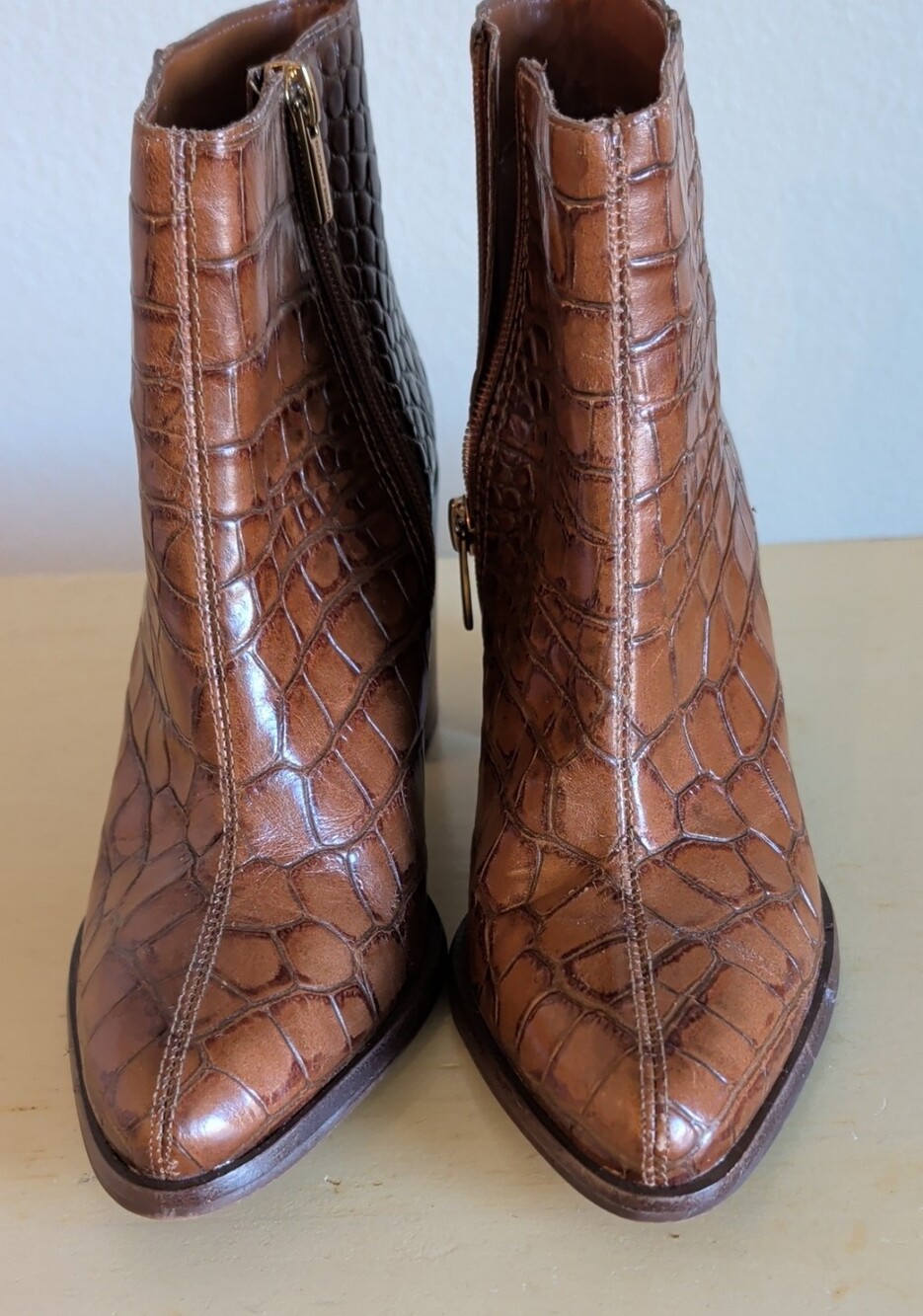 Vince Camuto Brown Croc-Embossed Pointed Ankle Booties